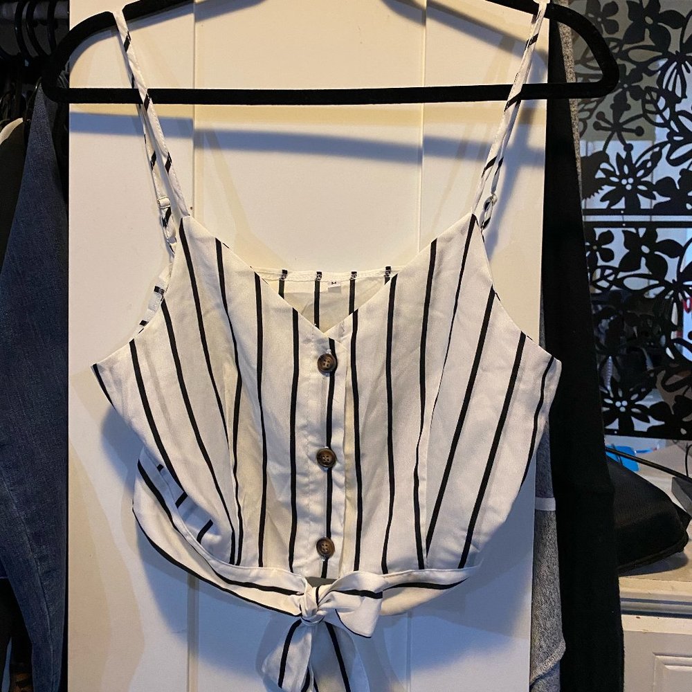 Black & White Striped Spaghetti-strap Crop Top-(M)